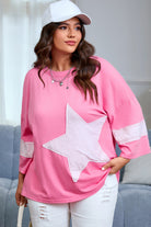 Pink Raw Edge Frayed Star Patched Plus Size Top Plus Size Tops fe25f5832689d718