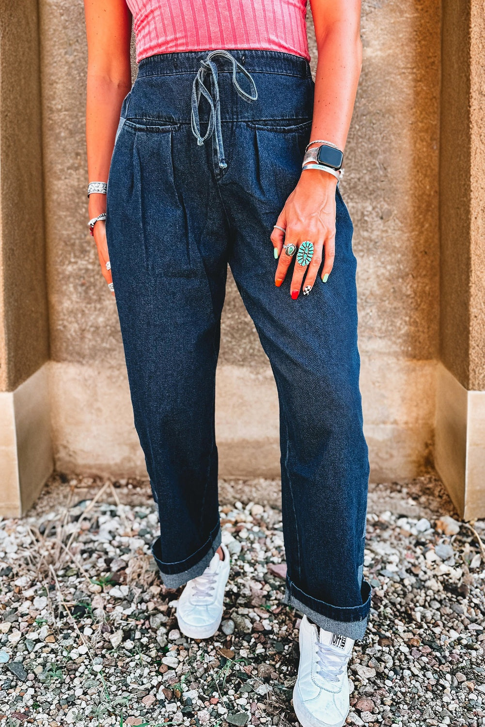 Sail Blue Checkered Side Panel Patchwork Drawstring Loose Denim Pants Jeans fe54007c473fcd9e