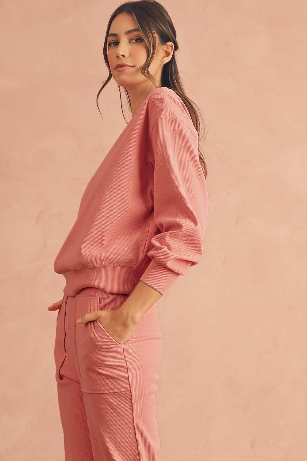 Blossom Ribbed Drop Shoulder Sweatshirt Pocketed Pants Set Two Piece Pants Sets fe59f718fecb7a15