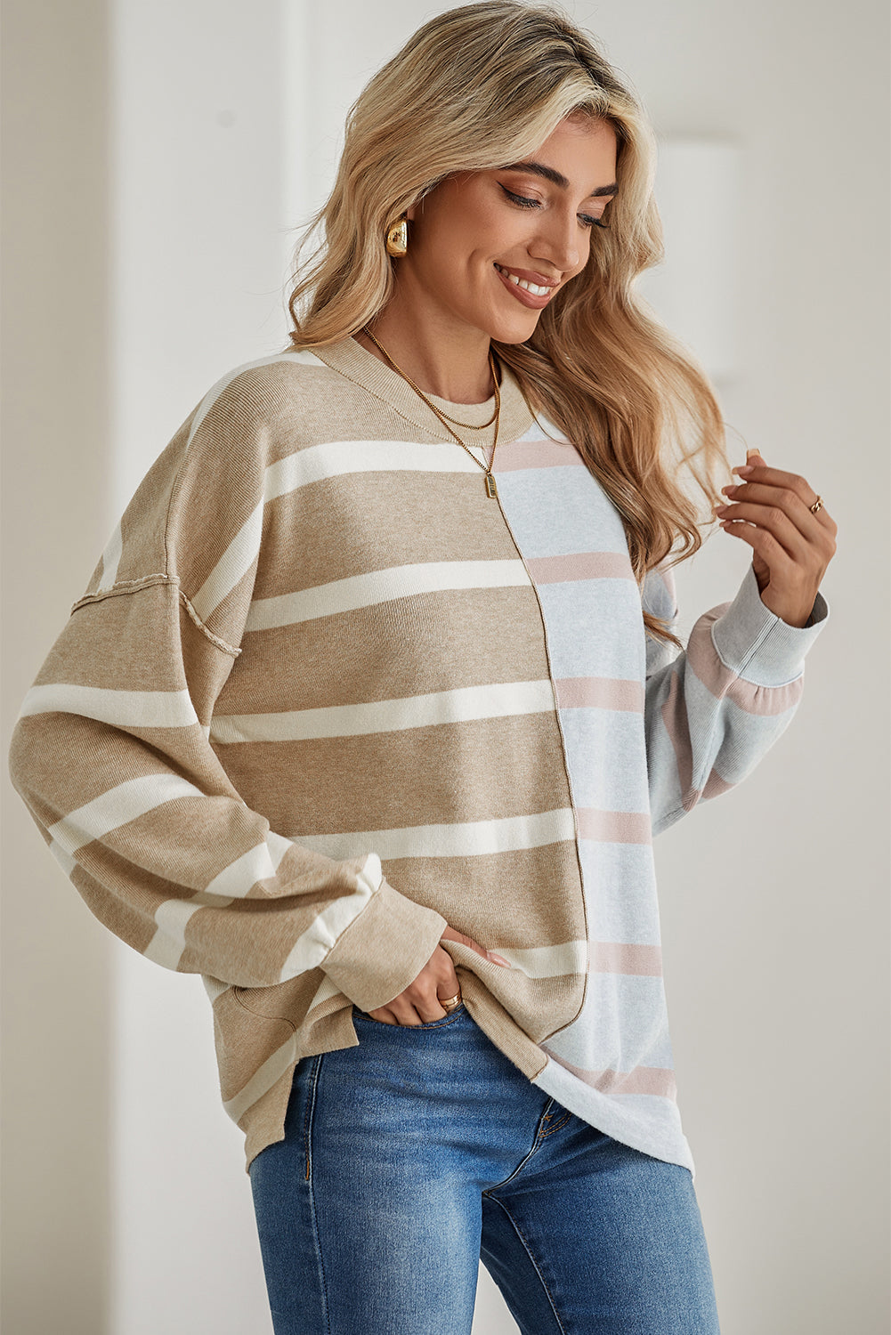 Blue Stripe Exposed Seam Patchwork Loose Sweater Sweaters fea4f2309632f297