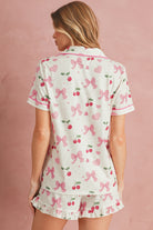 Beige Bow and Cherry Print Ruffle Hem Shorts Pajama Set Two Piece Shorts Sets feabb9f7c1a59f31