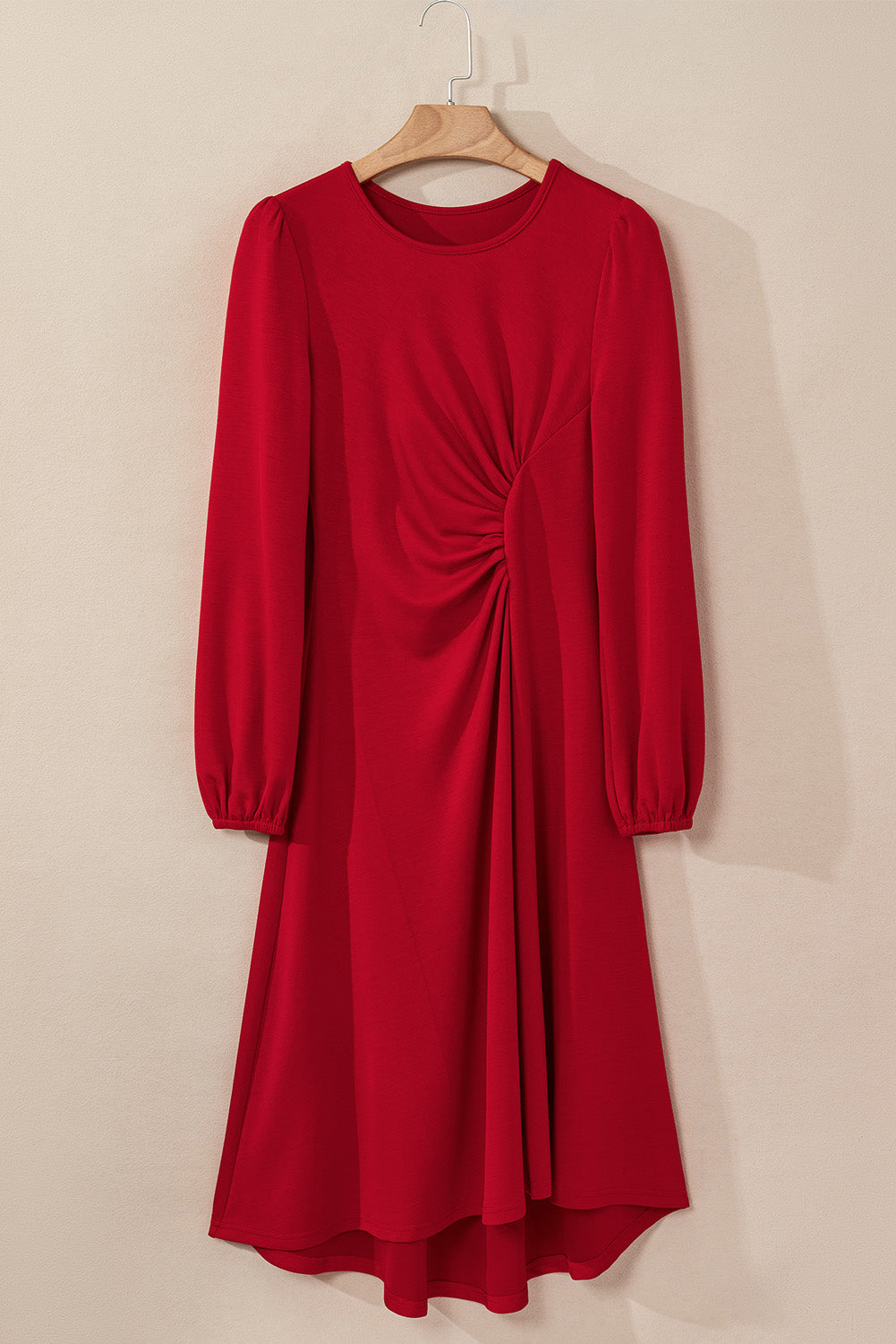 Fiery Red Solid Color Ruched Detail Long Sleeve Midi Dress Midi Dresses febb0ca3332e2f9a