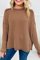 Green Bay Twisted Rib Exposed Seam Detail Long Sleeve Loose Top Long Sleeve Tops fed32048aaa5dedf