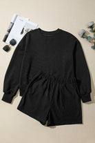 Black Ribbed Texture Baggy Drop Shoulder Pullover and Shorts Set Two Piece Shorts Sets ff2df4f40d91136a