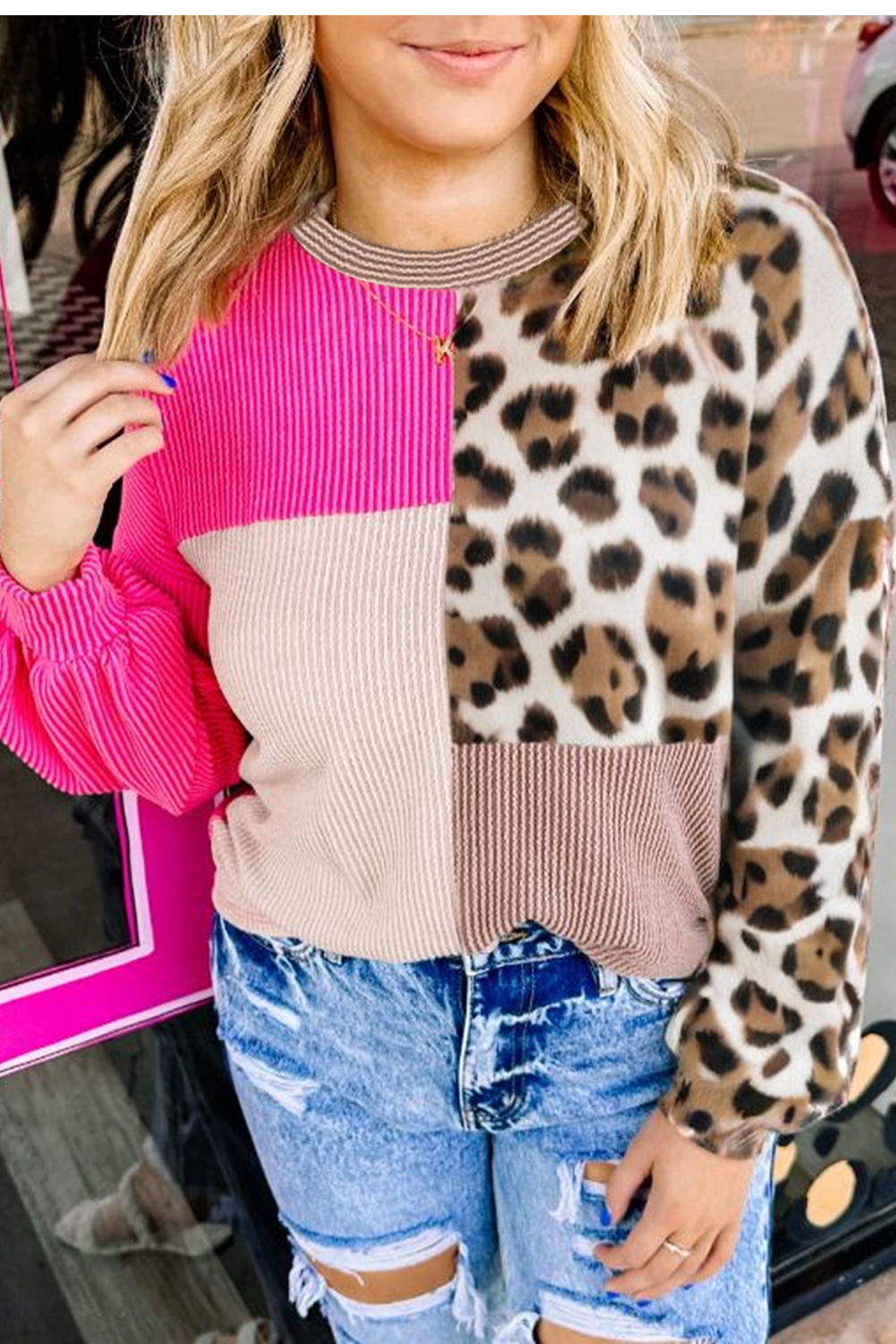 Rose Red Twisted Ribbed Colorblock Leopard Patchwork Plus Size Top Plus Size Tops ff593ec9117fc55c