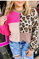 Rose Red Twisted Ribbed Colorblock Leopard Patchwork Plus Size Top Plus Size Tops ff593ec9117fc55c