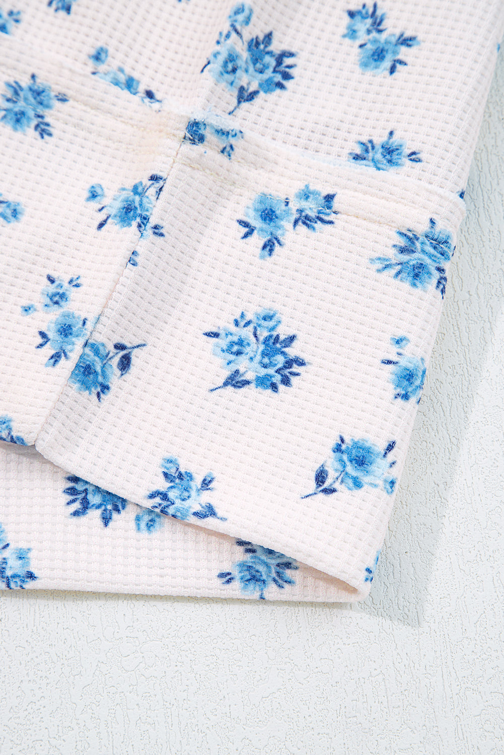 Beige Floral Print Waffle Patchwork Balloon Sleeve V Neck Oversized Top Long Sleeve Tops ff5fbaebf3a96d50