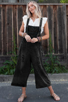 Black Distressed Bib Pocket Wide Leg Denim Overall Jumpsuits ff67557658dbf841