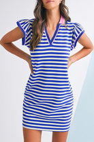 Dark Blue Striped Ruffle Short Sleeve Pop of Color Neckline Dress Short Dresses ff6c58a153bbc723