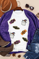White Sequined Halloween Spirit Pattern Patched Custom Casual Tee Graphic Tees ff8ebdb114612b1b