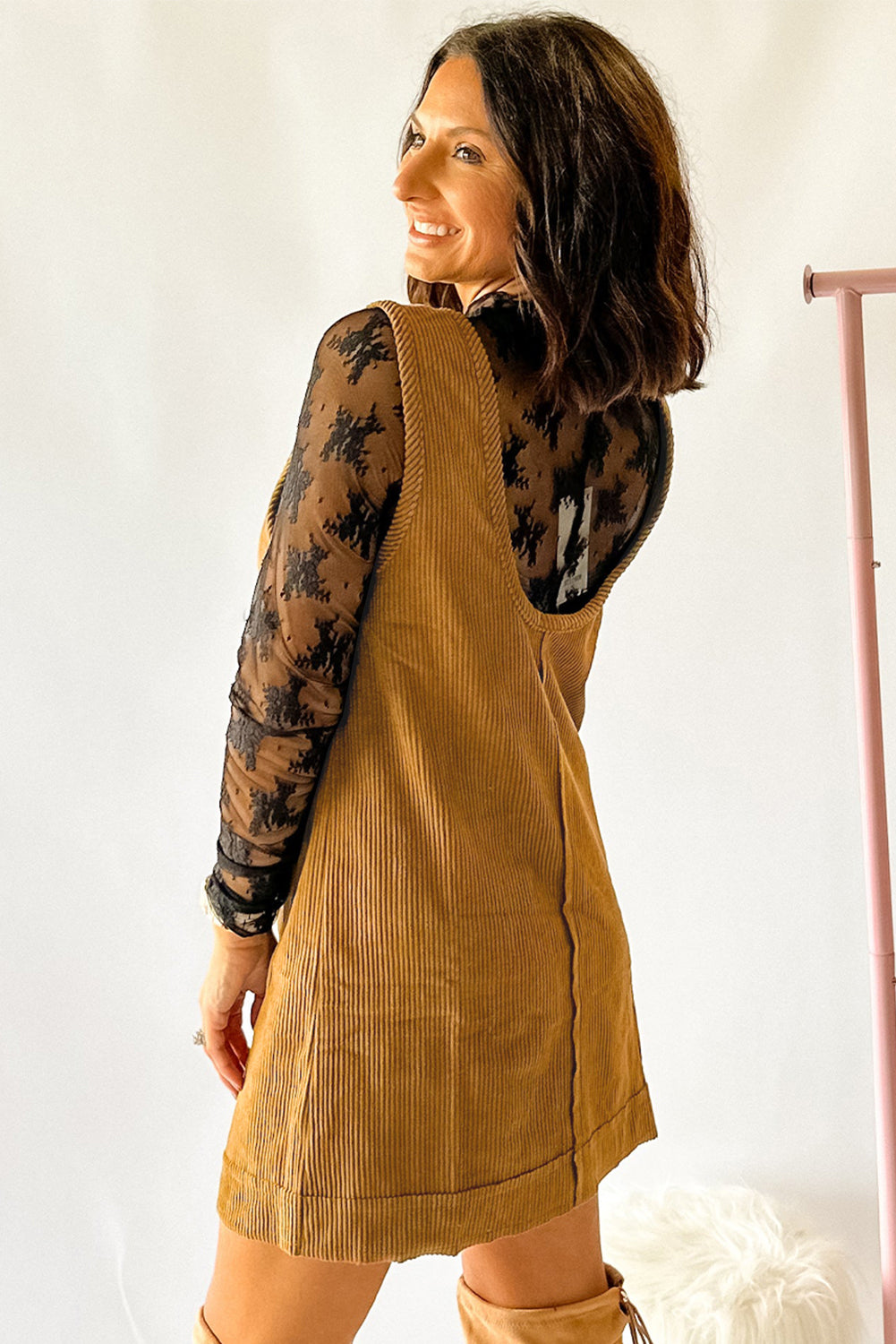 Beige Corduroy Exposed Seam Sleeveless Mini Dress Short Dresses ff973c2f7930f920