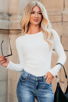 White Ribbed Long Sleeve Crew Neck Solid Color Bodysuit Bodysuit ffbc5df0c78dd3be