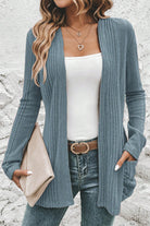 Stone Blue Ribbed Open Front Knitted Top with Pockets Cardigans ffcad2860e90fbe8