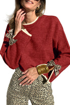 Racing Red Leopard Bow Decor Split Cuffs Contrast Trim Sweater Sweaters ffcbedfe7c7295e0