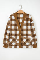 Brown Checkered Sherpa Loose Knit Cardigan with Pockets Cardigans ffd55ced53c31f57
