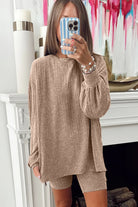 Dark Khaki Ribbed Balloon Sleeve Pullover Top and Biker Knitted Shorts Set Two Piece Shorts Sets fff583915bdce8e3