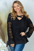 Thermal V-Neck Lace Long Sleeve Top in Black