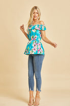 Off Shoulder Short Sleeve Top with Ruffles in Teal/Magenta