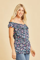 Off Shoulder Short Sleeve Top with Ruffles in Navy/N Pink