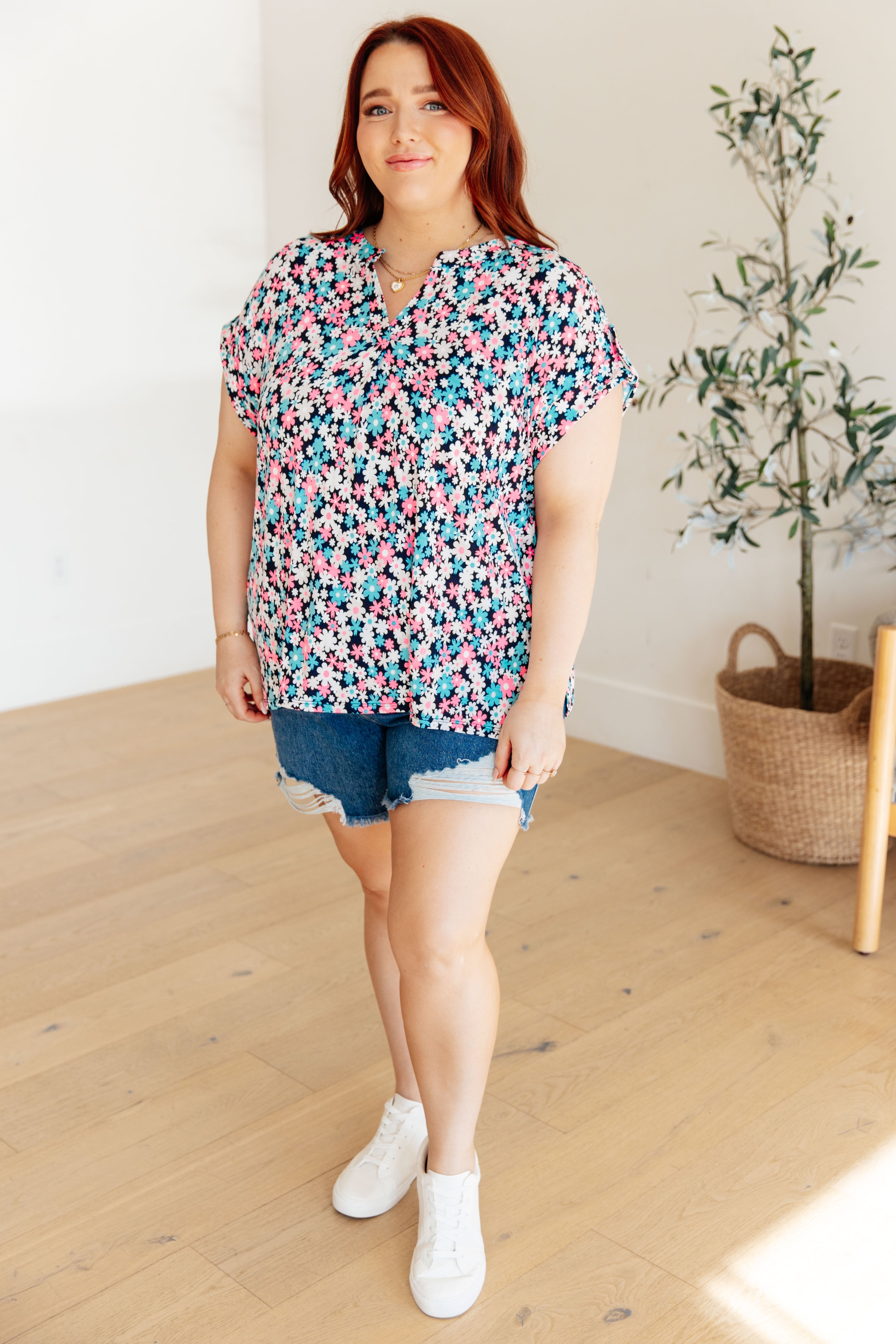 BeautybyShree Lizzy Cap Sleeve Top in Navy and Hot Pink Floral