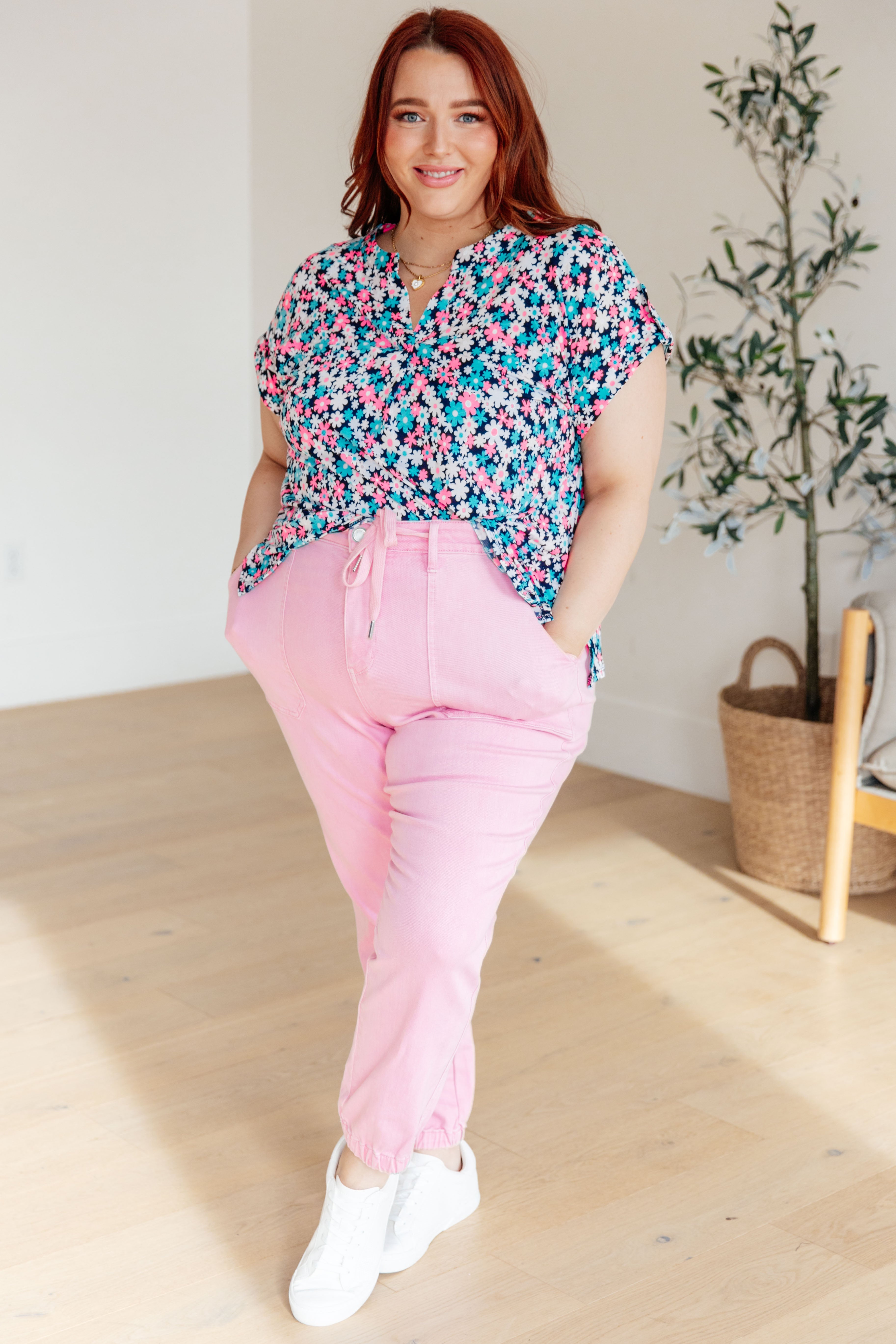 BeautybyShree Lizzy Cap Sleeve Top in Navy and Hot Pink Floral