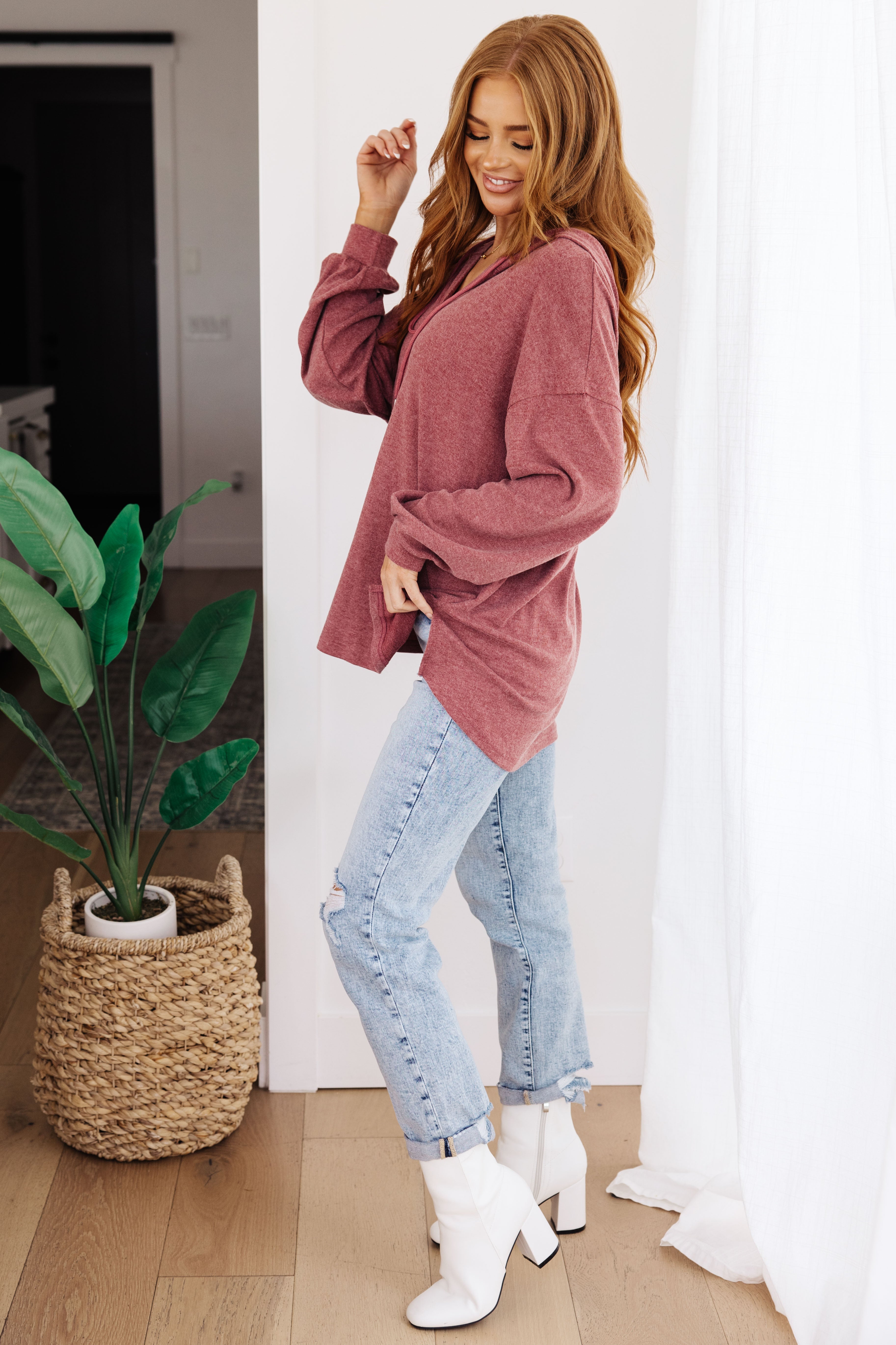 Happier Now Henley Hoodie in Burgundy