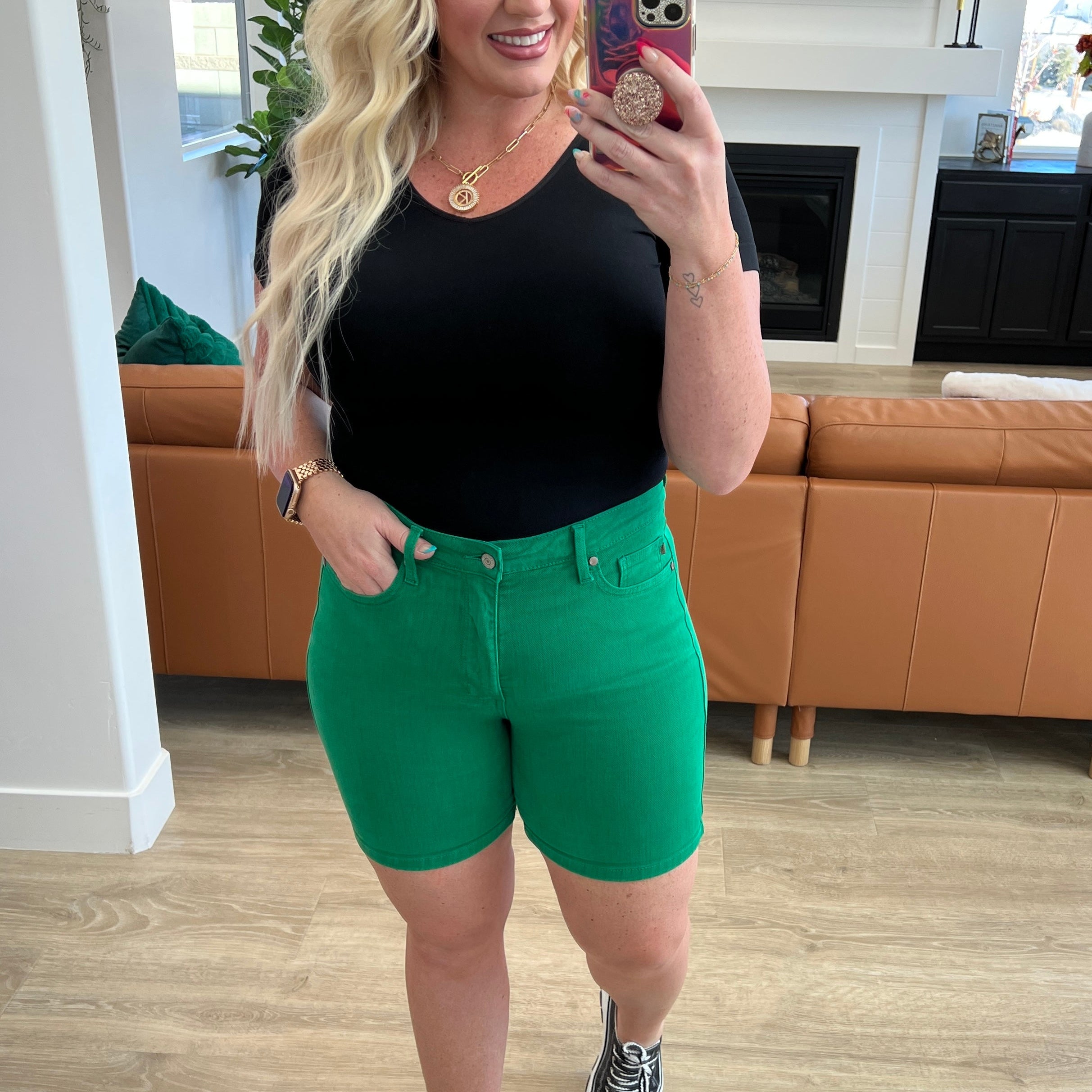 Jenna High Rise Control Top Cuffed Shorts in Green