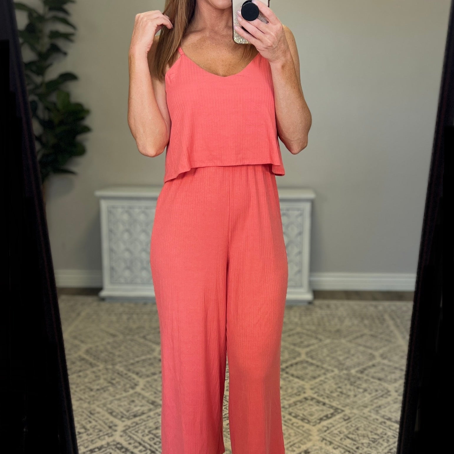 Ribbed Double Layer Jumpsuit in Deep Coral