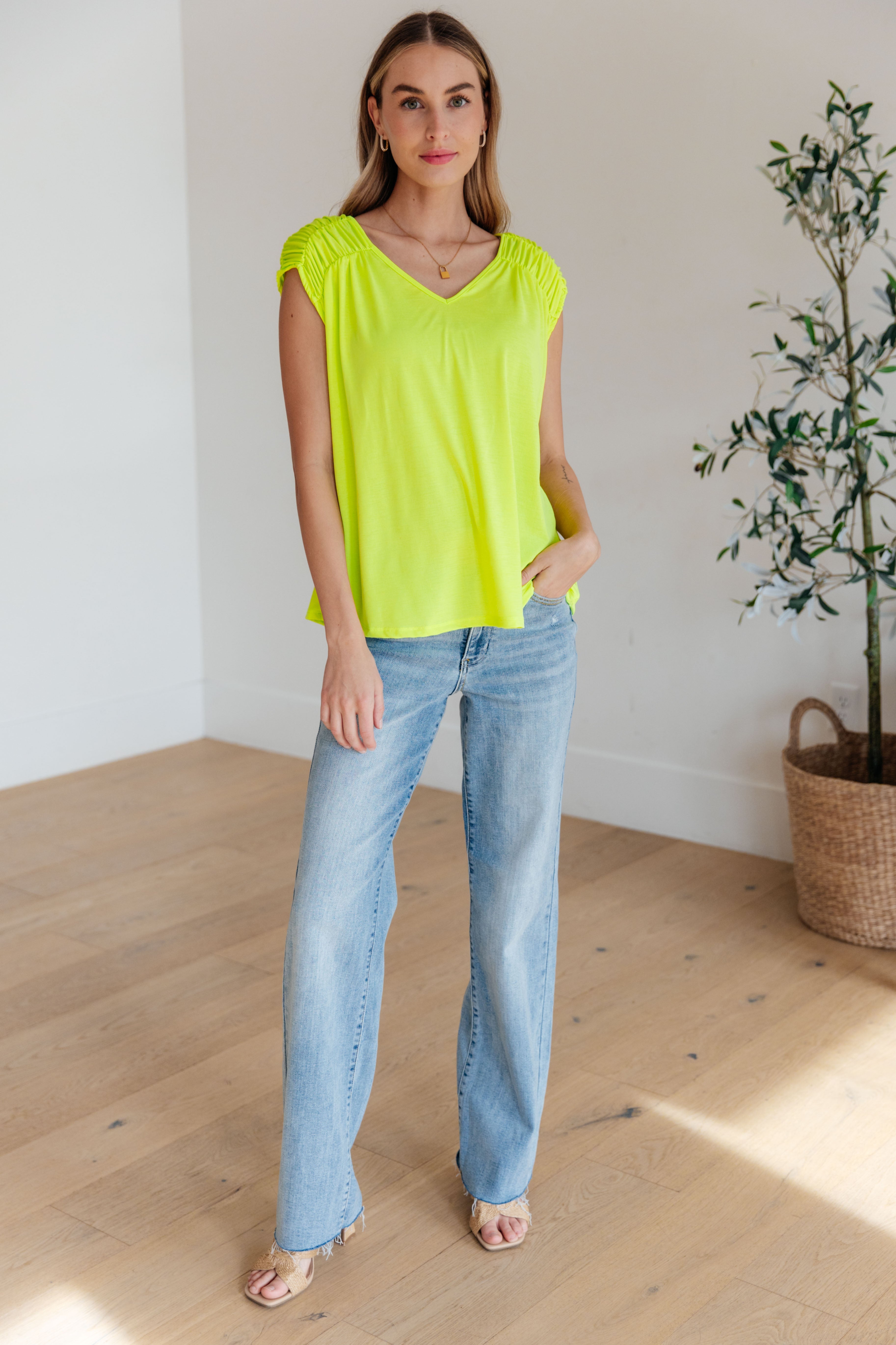 BeautybyShree Ruched Cap Sleeve Top in Neon Green