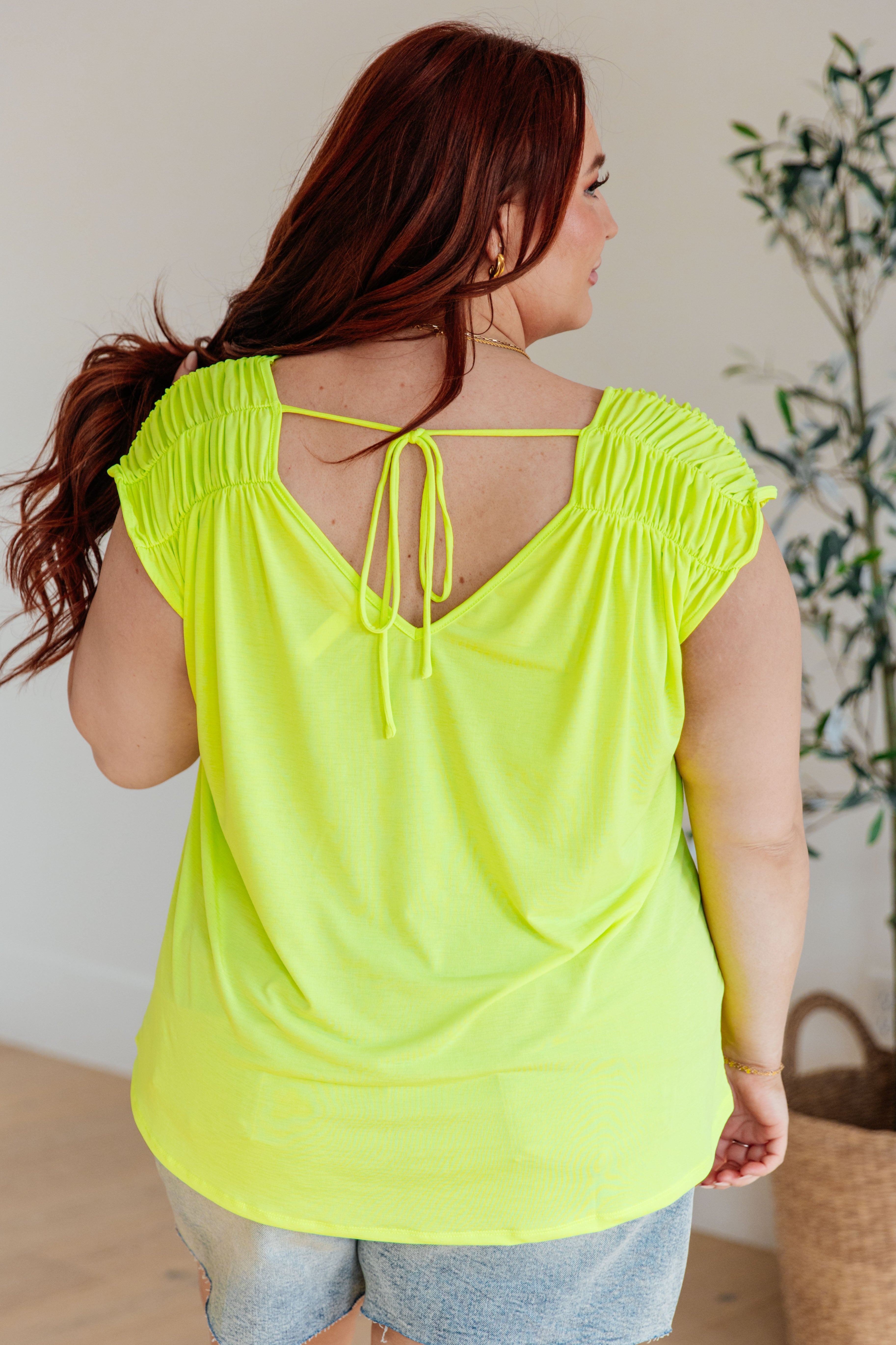 BeautybyShree Ruched Cap Sleeve Top in Neon Green