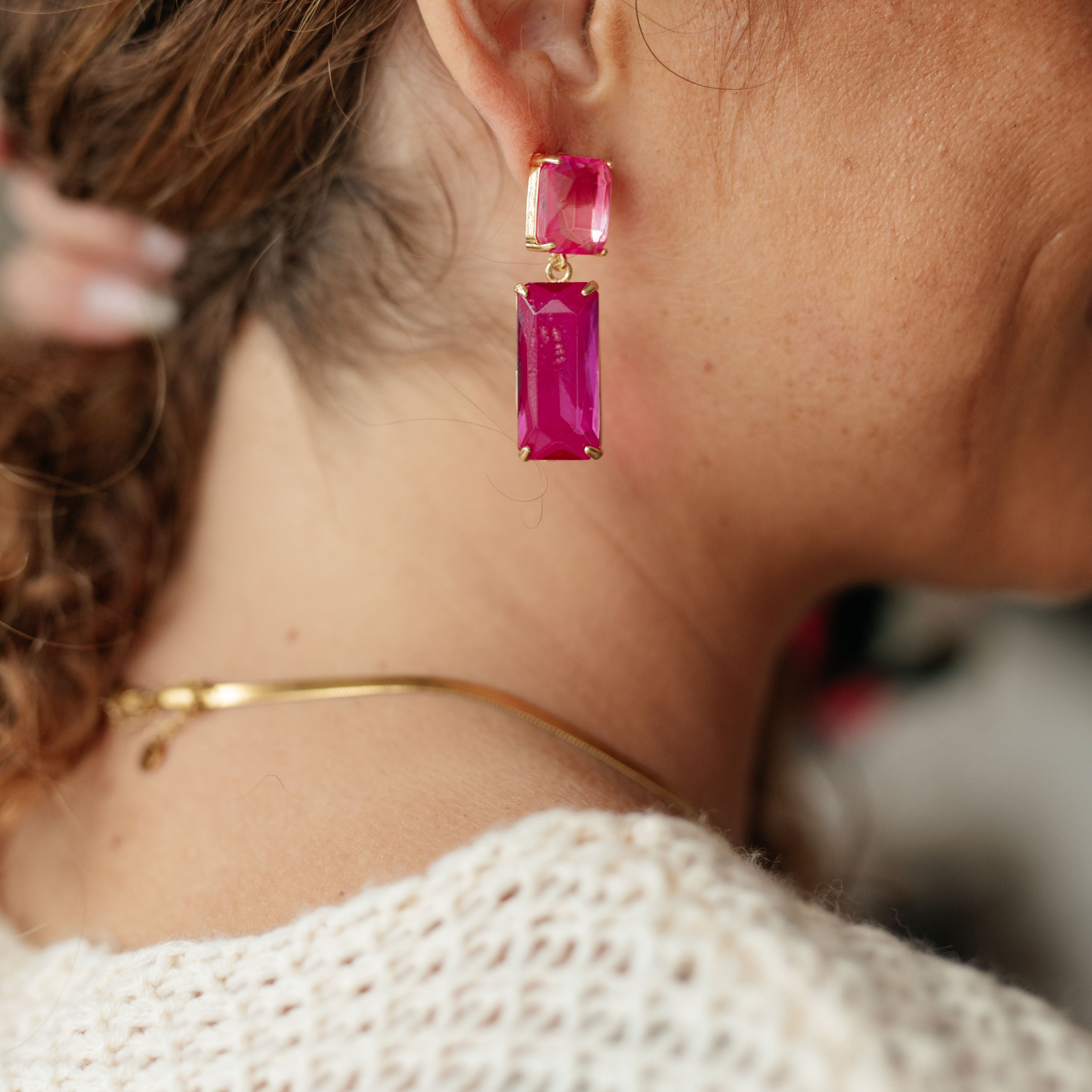 Sparkly Spirit Rectangle Crystal Earrings in Pink